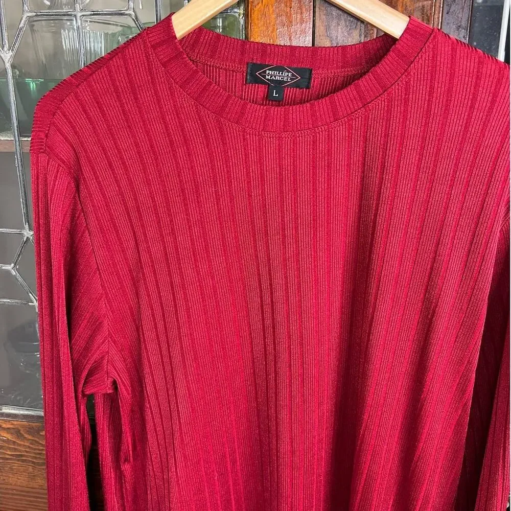 Vintage 90s Red Ribbed Knit Shirt Mens Medium Slim Fit Stretch